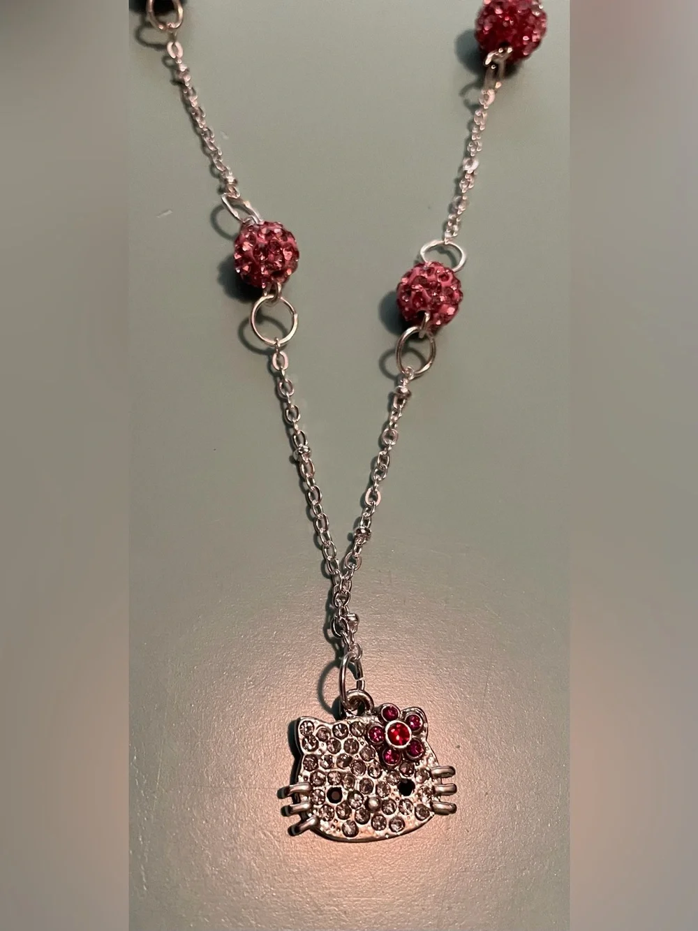 Hello Kitty Silver-Tone Pink Crystal Bead Long Necklace - Matching Drop Earrings